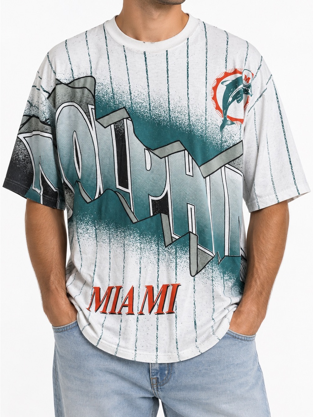 Vtg 1994 NFL Miami Dolphins All Over Print Pinstriped Graphic T-Shirt Men's Sz X